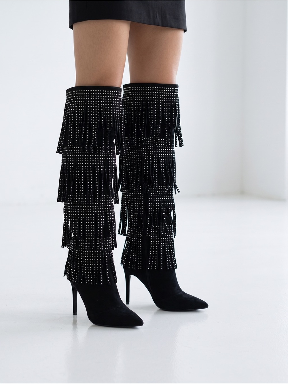 Blacksilver studs Fringe over the knee Boots Stiletto heels Faux suede leather 6 - Picture 15 of 16